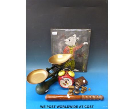 Abstract oil on canvas, truncheon, a set of kitchen scales, Pierre Cardin cravat tie etc 