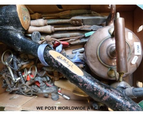 A collection of vintage tools, copper kettle, weighing scales and Stroud Brewery flagon etc