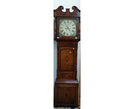 An early 19thC oak-cased longcase clock with a painted dial and village scenes by Heywood of Wrexham