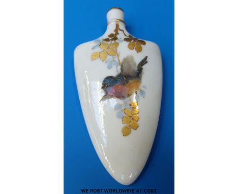 A Royal Worcester porcelain scent bottle with hand painted decoration of a fledging amongst foliage, puce Worcester stamp (9c