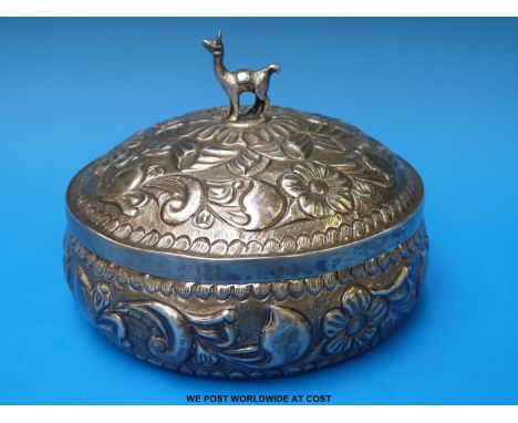 A white metal lidded pot marked 900 to base with alpaca finial and floral decoration, diameter 15.5cm (461g)