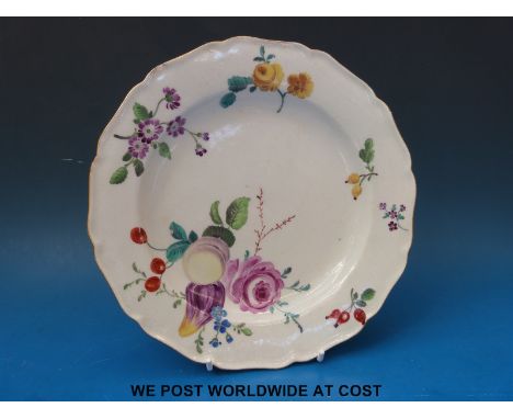 A Worcester early Dr Wall, James Giles decorated plate circa 1765 decorated with peach, cherries, pear, rose-hips and flowers