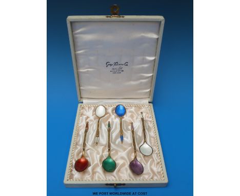 A cased set of six Michelsen Denmark white metal and guilloché enamel spoons in original George Falconer (H F) box