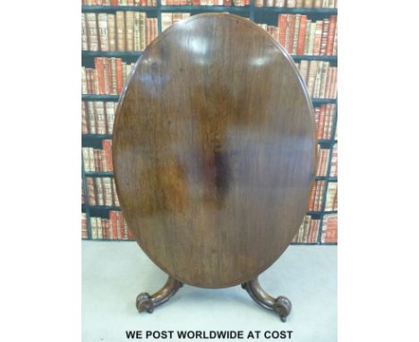 A Victorian oval mahogany breakfast table raised on an octagonal tapering column and carved tripod base (maximum diameter 148