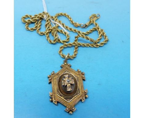 A yellow metal chain marked 9ct gold and a Victorian pendant set with five diamonds in a cross with blue enamel detail 