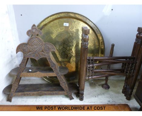 A brass inlaid table together with a confessional / ecclesiastical and pyramid shelf unit