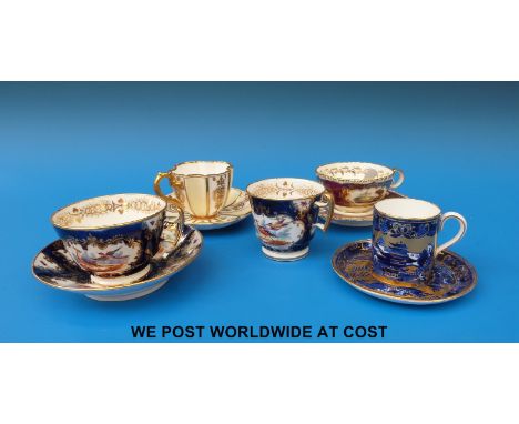 Four hand painted Coalport cabinet cups and saucers including one with landscape scenes, gilded quatrefoil example, pagoda sc