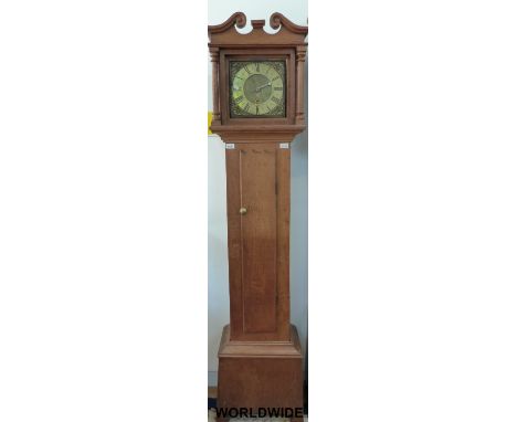 An oak 30 hour longcase clock with brass dial and single hand. The c1800 movement looks to be a marriage to a later case (hei