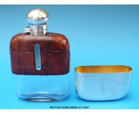A James Dixon & Sons hallmarked silver, glass and alligator skin hip flask with pull off cup and bayonet cap, the cap marked 