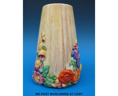 A Clarice Cliff conical vase decorated in relief with the My Garden pattern (19cm tall)