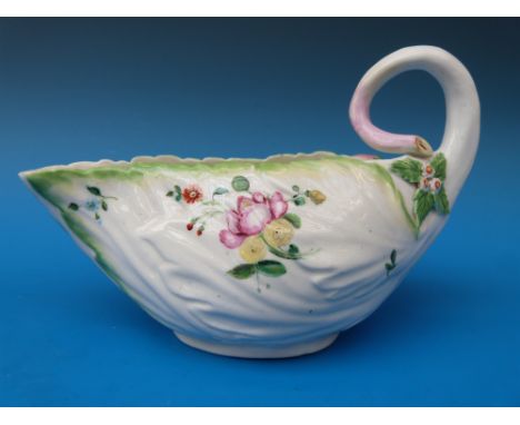 An 18thC Worcester polychrome leaf boat