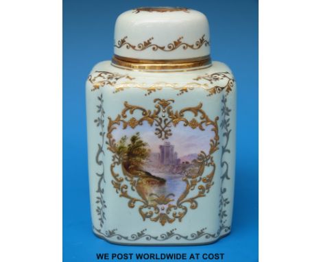 A Coalport hand decorated tea caddy with hand decorated castle and loch scenes to the front and lid, mountain scene verso and