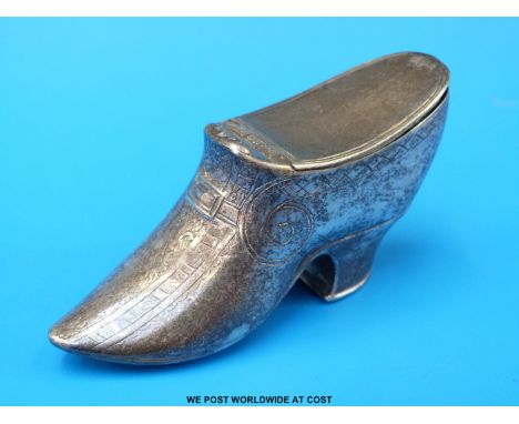 A novelty shoe snuff box with hinged lid and silver hallmarks for London 1716, maker's mark possibly J W, length 8cm