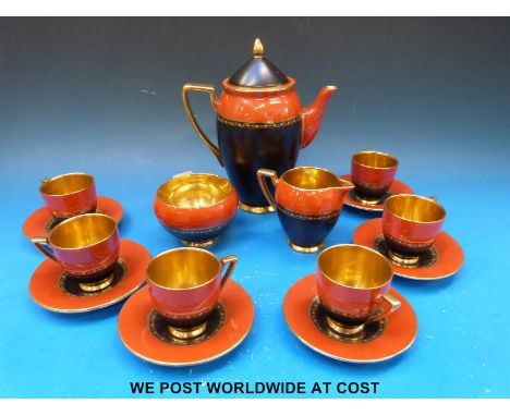 A Carltonware coffee set in Art Deco style comprising coffee pot, six cups and saucers, sugar bowl, cream jug, reg. no. 72174