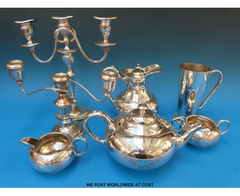 A quantity of silver plated items to include candelabra, tea set etc