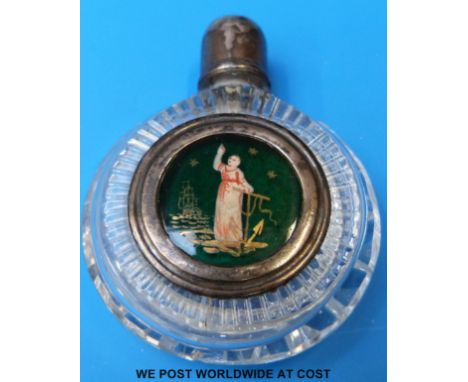 A Georgian circular glass scent bottle with hand decorated enamel centrepiece of a priest at pulpit blessing a ship as she se