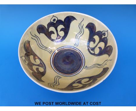 A Bursley Ware deep lustre pedestal bowl, probably Ellgrave Pottery Co, Lottie Rhead Ware (an early Charlotte Rhead piece) (h