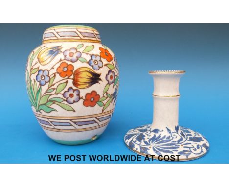 A Charlotte Rhead lamp base and a candlestick