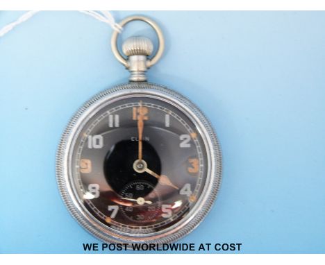 A WW2 Elgin c1942 gentleman's pocket watch with Arabic numerals on black dial, Ministry Arrow to screw on back