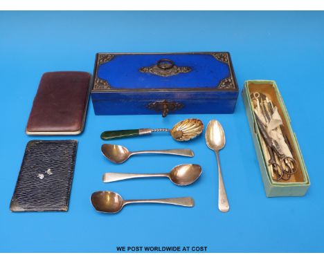 Four Georgian hallmarked silver teaspoons (59g) together with a hallmarked silver possible jade handled condiment spoon, blue