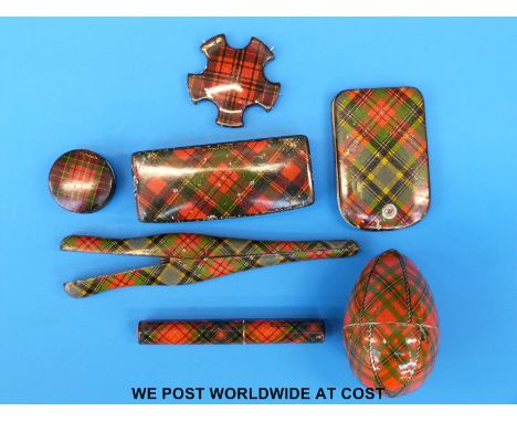 A good collection of tartan ware items, various clans including Caledonia needle case and pill box, McBeth glove stretchers a