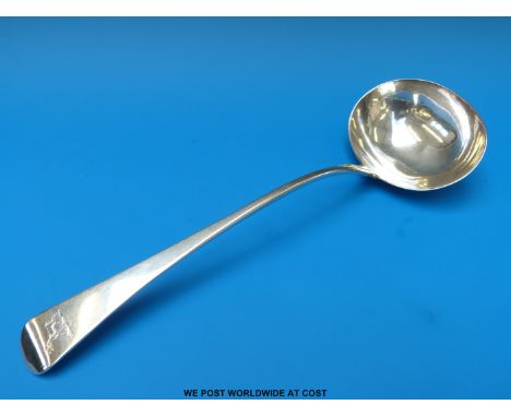 A Georgian hallmarked silver Old English pattern ladle. London 1828, maker Morris & Michael Emanuel, length 33cm (218g)
