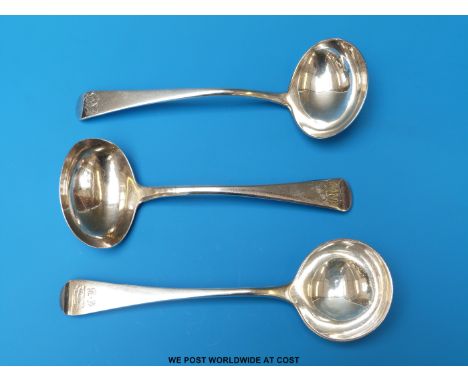 Two Georgian hallmarked silver Old English pattern sauce ladles together with another hallmarked silver ladle (each 18cm in l