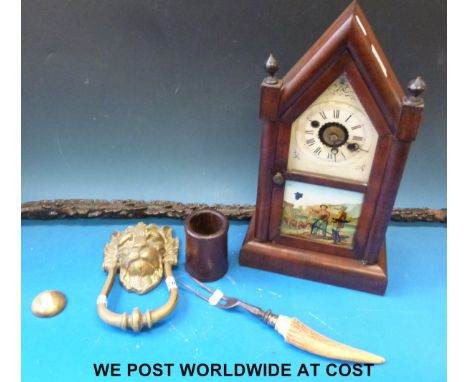 A large brass mounted lion mask door knocker, gingerbread clock, silver mounted meat fork, treen pot and a briarwood walking 