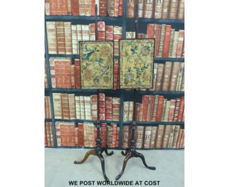 A pair of George III mahogany and embroidery pole screens with hand painted ornithological decoration verso. The slender pole
