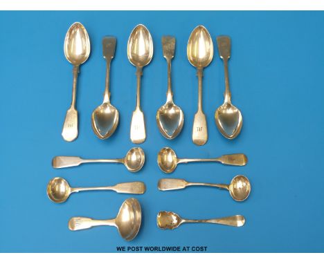 A set of six Exeter hallmarked silver Fiddle pattern teaspoons, four similar mustard spoons, a Georgian hallmarked silver cad