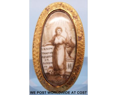 A Georgian brooch set with an ivory plaque depicting a woman in a graveyard "I know that my redeemer liveth" engraved with na