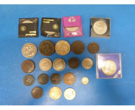 A quantity of Georgian and later coinage to include 1937 and 1895 crowns, cartwheels etc, all in a vintage money box