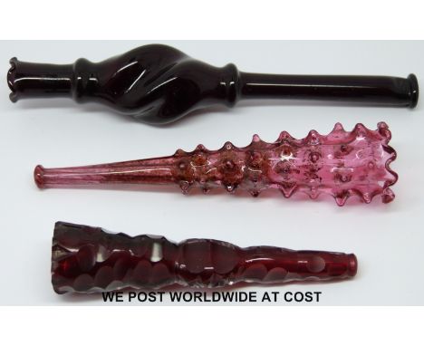 Three 19thC ruby glass cheroot holders