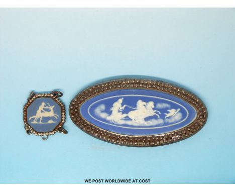 A 19thC Wedgwood Jasperware plaque with two rows of cut steel to the edge and a similar small plaque with cut steel border 