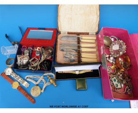 A quantity of costume jewellery, coins etc together with a cased plated fish knife and fork group 