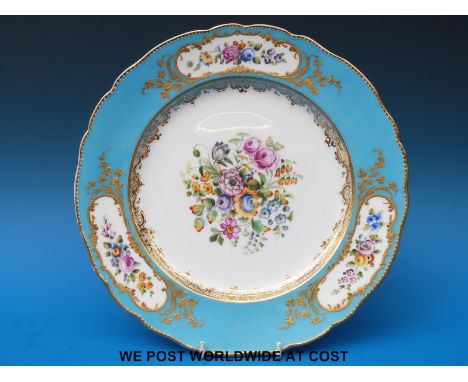 A 19thC Coalport cabinet plate decorated with auriculas, roses and ranunculus against an aqua ground. Puce Coalport Porcelain