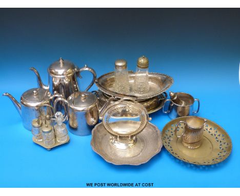 A silver plated tea service, entree dish, swing handled basket etc
