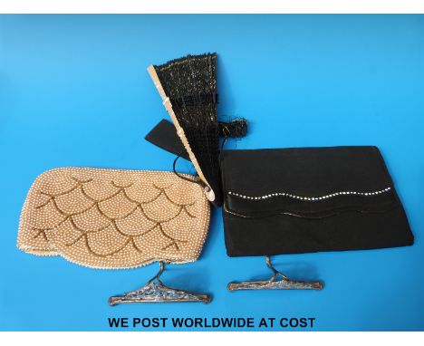 Two vintage bags, one decorated with faux pearls and the other paste, a fan decorated with mother of pearl and two silver pla