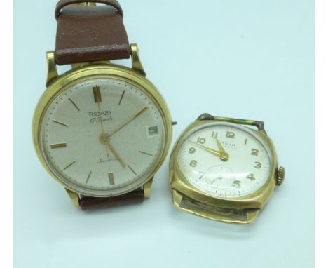 Two 9ct gold cased wristwatches, Rotary lacking winding crown, case back 5.4g, and Avia, case a/f, weight of case without mov