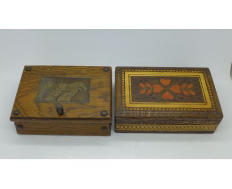A pokerwork playing card box and an oak box with hunting dogs plaque, a/f