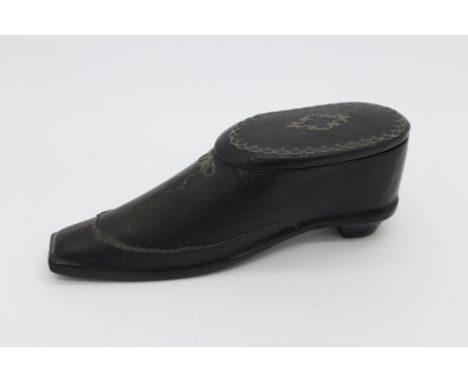 A papier mache snuff box in the form of a shoe