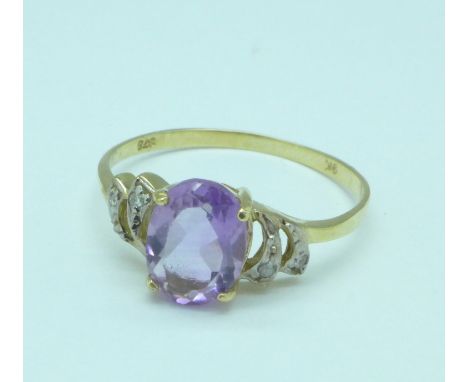 A 9ct gold, amethyst and diamond ring, 1.2g, O