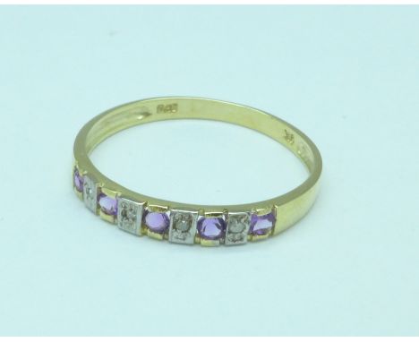 A 9ct gold, amethyst and diamond ring, 0.9g, O