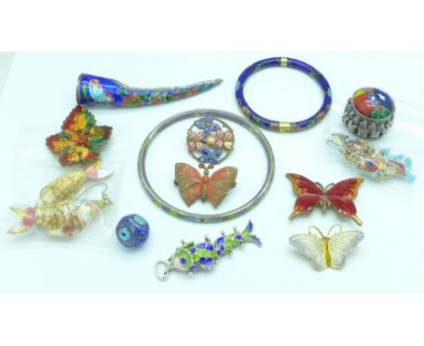 Enamel jewellery and a millefiori pill box