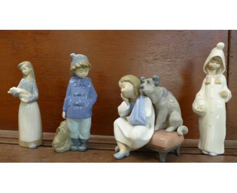 Three Lladro figures and a Nao figure, Lladro girl with basket a/f