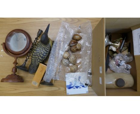 A Canadian decoy duck marked 'loon', a stone hot water bottle, a pair of open barleytwist candlesticks, an Anglo-Indian table