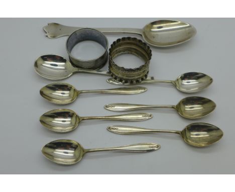 A William IV silver spoon, six silver coffee spoons, one other silver spoon and two silver napkin rings, 152g