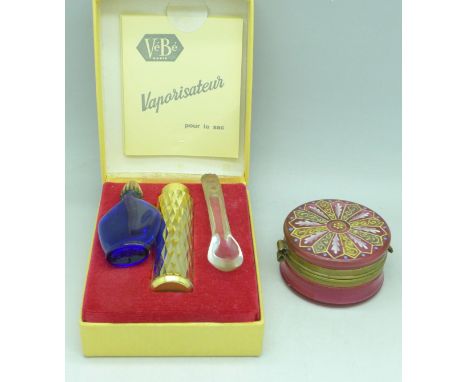 A cranberry glass and enamel pot, etc.