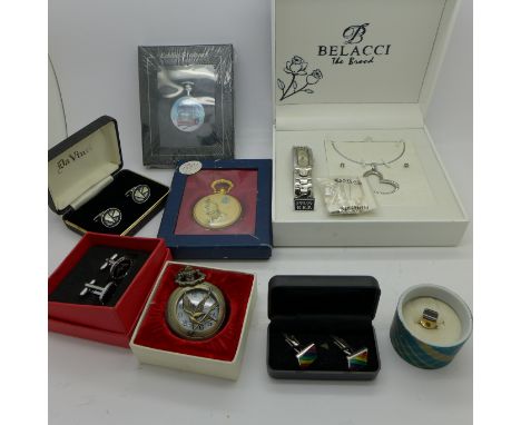 Cufflinks and tie pins, pocket watches, a Belacci necklace and earrings set, boxed, etc.