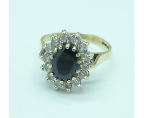 A 9ct gold, white stone and sapphire cluster ring, 3g, M